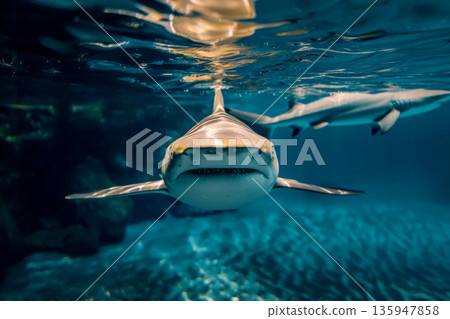 terrible shark in the sea cute trendy. AI generative 135947858
