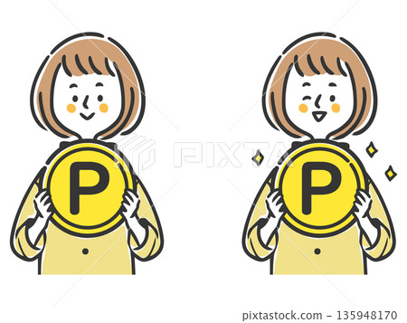 女人手持硬幣，上半身向量圖 135948170