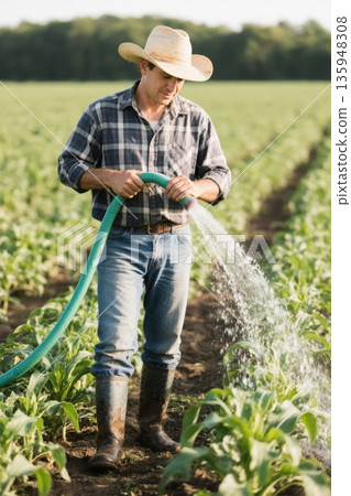 Farmers irrigate their fields with hand hoses 135948308