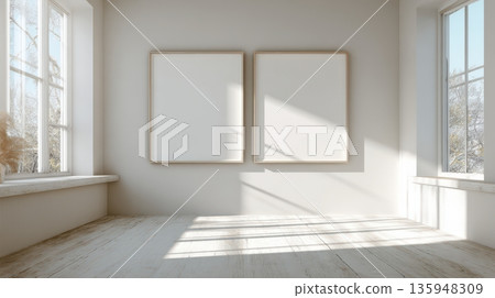 Bright and airy gallery space with natural light and blank frames inviting creativity Bright and airy gallery space with natural light and blank frames inviting creativity 135948309