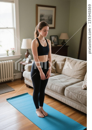 居家女子站立在瑜伽垫上健身 135948869