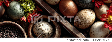 Easter eggs sit in a bowl along with flowers on a table made of wood. Natural fibers surround the bowl. Spring colors and textures decorate the scene, banner 135949173