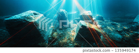 An autonomous underwater drone scans stone columns and statues using a laser grid and beams of light through murky water at a historical site. The technology captures details effectively, banner 135949174