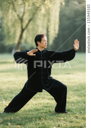 Men practicing Tai Chi in the park Men practicing Tai Chi in the park 135949385