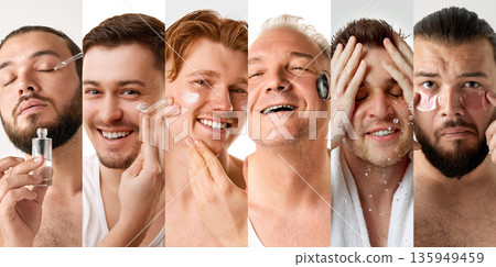 Men daily skincare routine collage on studio background. Composition with 5 models Men daily skincare routine collage on studio background. Composition with 5 models 135949459