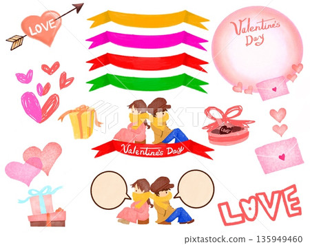 情人節圖示套裝，包含心形、情人、緞帶和禮物 135949460
