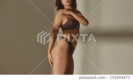 Female model touching shoulder in brown underwear in studio. Female model touching shoulder in brown underwear in studio. 135949473