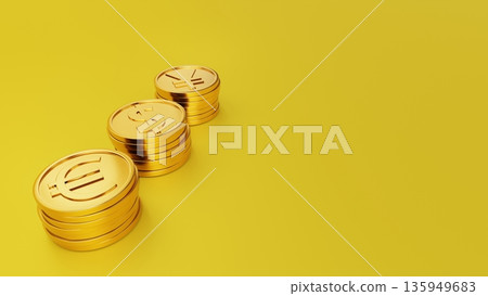 黃色背景,左側是歐元、美元和日元金幣,右側是白色區域。象徵繁榮、好運和日元資產的積極累積。 黃色背景,左側是歐元、美元和日元金幣,右側是白色區域。象徵繁榮、好運和日元資產的積極累積。 135949683