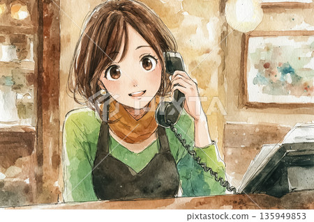 一位年輕女子正在前台接電話 | 一張令人印象深刻的前台插圖，配有一部復古座機電話 135949853