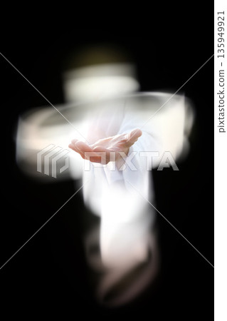The cross symbolizing the death and resurrection of Jesus Christ, and Jesus' saving gesture, Holy Week and Easter background 135949921