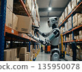 A humanoid robot that recognizes and picks out packages with JAN codes from shelves in a warehouse where cardboard boxes are piled up. 135950078