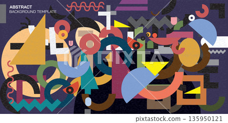 Brutalist abstract geometric shapes design vector illustration. Colorful geometric elements on purple background. 135950121