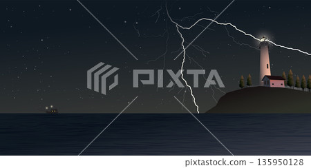 Lighthouse on rock cliff hit by lightning at sea shore have fishing boat at skyline. Island pharos, light house, seascape, signal building on seaside and stars on the sky at night. Coastline landscape Lighthouse on rock cliff hit by lightning at sea shore have fishing boat at skyline. Island pharos, light house, seascape, signal building on seaside and stars on the sky at night. Coastline landscape 135950128
