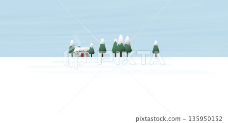 Log cabin with pines forest in snowland flat design vector illustration with blank space. Rural landscape, house and pine trees in winter season. 135950152