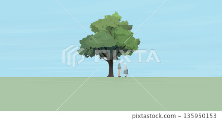 Couple of elderly lover together under the big tree vector illustration have blank space for any wording advertisement. 135950153