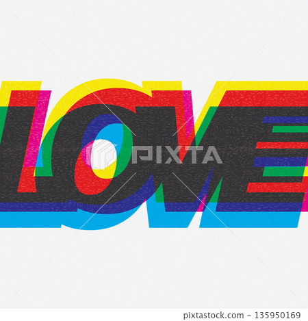 Love word CMYK colors overlap transparent on white background with riso print effect vector illustration. Colorful graphic elements retro risograph technique. 135950169