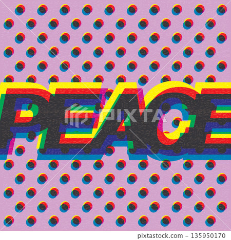 Peace word CMYK colors overlap transparent with riso print effect vector illustration. Colorful graphic elements retro risograph technique. 135950170