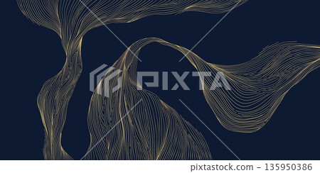 Luxury abstract wave pattern, elegant gold lines on dark background. Premium Japanese vector design, flow curves, geometric elements, wine label, packaging, wedding, posters, wallpaper 135950386