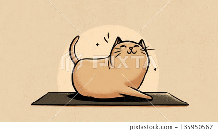 Cat practices yoga on a mat 135950567