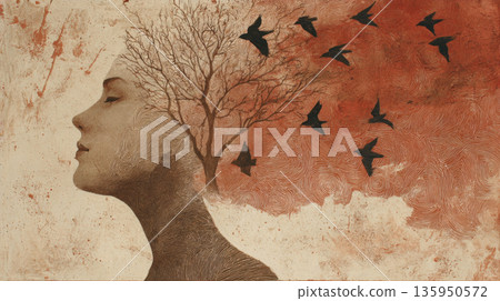 Woman with tree and birds in mind Woman with tree and birds in mind 135950572