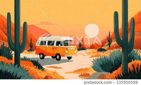 Sunset drive in the desert with van Sunset drive in the desert with van 135950589