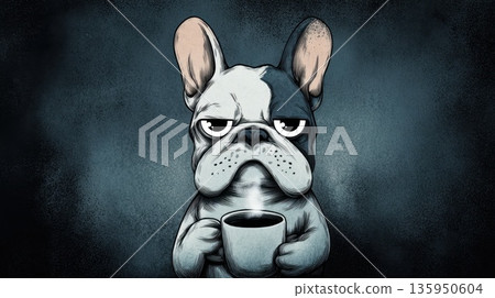 Dog holding a cup of coffee in art Dog holding a cup of coffee in art 135950604