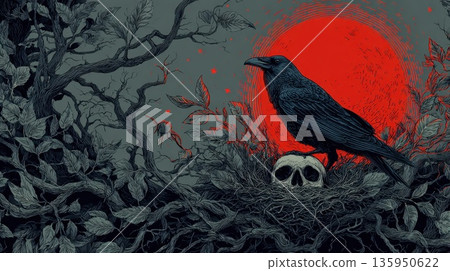 Crow stands on skull near red moon 135950622