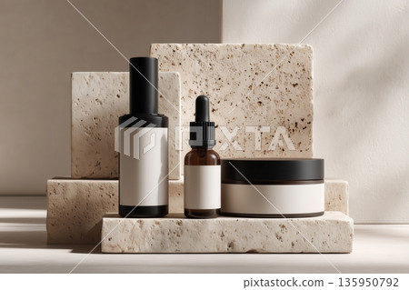 Luxury Skincare Packaging Set on Stone Pedestals, Minimal Beige Cosmetic Mockup with Copy Space 135950792