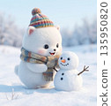 A fluffy creature wearing a woolen hat and scarf and building a snowman 135950820