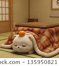 A fluffy creature dozing off under a kotatsu table with a mandarin orange on its head. 135950821