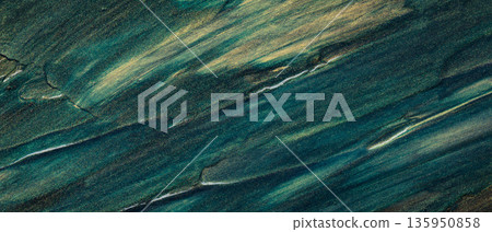 Dark Teal Green Gold Abstract Metallic Paint Texture with Diagonal Glitter Brush Strokes 135950858