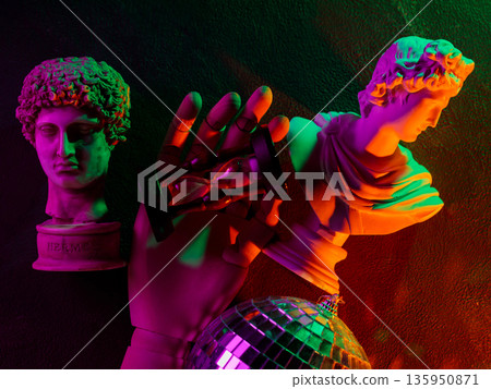 Neon Colored Classical Hermes Sculpture with Disco Ball Surreal Vaporwave Aesthetic Contemporary Art 135950871