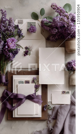 Elegant flat lay of wedding invitation cards. Set includes craft envelopes, paper invitations, purple ribbons, a name place card, and floral decoration. purple lilac flowers. Vertical top view Elegant flat lay of wedding invitation cards. Set includes craft envelopes, paper invitations, purple ribbons, a name place card, and floral decoration. purple lilac flowers. Vertical top view 135950904