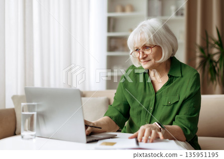 Elderly woman using laptop at home, confident senior female embracing technology Elderly woman using laptop at home, confident senior female embracing technology 135951195