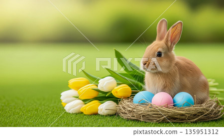 Baby rabbit in nest with pastel Easter eggs and tulips symbolizing care empathy and protection Baby rabbit in nest with pastel Easter eggs and tulips symbolizing care empathy and protection 135951312