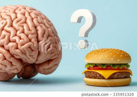 Brain and burger with question mark, decision concept about diet choice, mental health and nutrition Brain and burger with question mark, decision concept about diet choice, mental health and nutrition 135951320