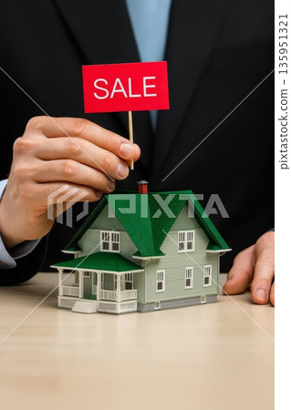 Real estate agent holding sale sign above model house with green roof on table Real estate agent holding sale sign above model house with green roof on table 135951321