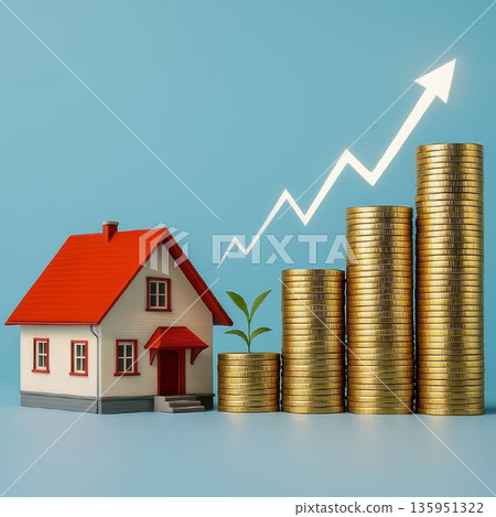 Real estate investment growth, house with coins and rising arrow Real estate investment growth, house with coins and rising arrow 135951322