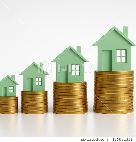 Green house icons on stacks of coins showing rising property value and real estate investment 135951331
