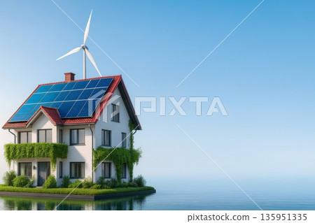 Sustainable house with solar roof and wind turbine by water. Clean energy, self sufficiency, sustainable living. Sustainable house with solar roof and wind turbine by water. Clean energy, self sufficiency, sustainable living. 135951335