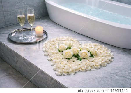 Romantic white rose heart with champagne by bathtub for Valentines Day surprise Romantic white rose heart with champagne by bathtub for Valentines Day surprise 135951341