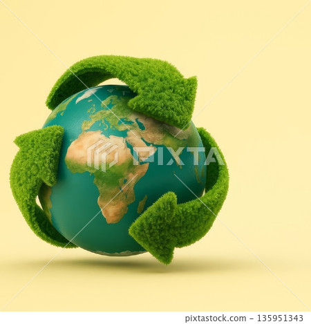 Green recycling arrows around Earth Green recycling arrows around Earth 135951343