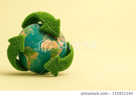 3D globe with fuzzy green arrows forming a recycling symbol . Concept for economy, global climate action, renewable energy. 3D globe with fuzzy green arrows forming a recycling symbol . Concept for economy, global climate action, renewable energy. 135951344