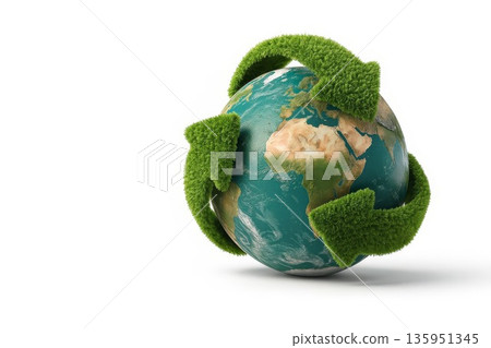 3D globe wrapped with fuzzy green arrows forming a recycling symbol. Concept for sustainability, nature protection, energy 3D globe wrapped with fuzzy green arrows forming a recycling symbol. Concept for sustainability, nature protection, energy 135951345