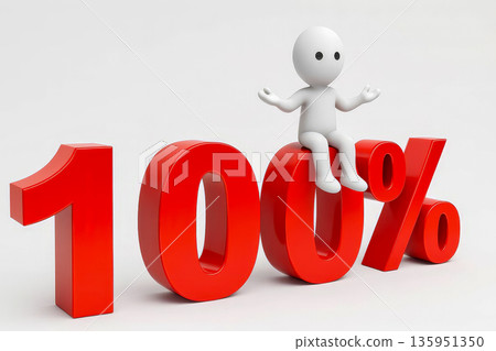 3D character sitting on giant red hundred percent sign symbolizing full success completion guarantee and maximum results 135951350