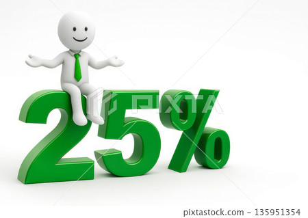 Twenty five percent discount in green with smiling 3D character sitting on numerals, white background minimal banner Twenty five percent discount in green with smiling 3D character sitting on numerals, white background minimal banner 135951354