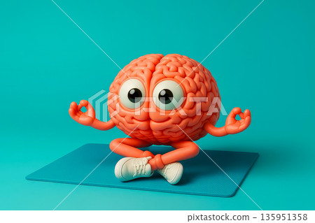 Cute cartoon brain meditating on yoga mat, mindfulness and mental wellness concept, 3D character on teal background Cute cartoon brain meditating on yoga mat, mindfulness and mental wellness concept, 3D character on teal background 135951358
