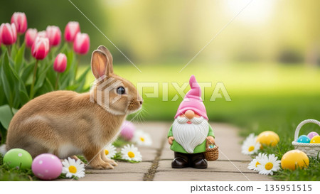 Cute baby rabbit facing garden gnome with Easter eggs symbolizing care and warmth 135951515