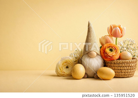 Easter gnome with eggs and spring flowers on yellow background with copy space Easter gnome with eggs and spring flowers on yellow background with copy space 135951520