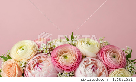 Peony and rose bouquet in pastel pink white cream and green for spring celebrations 135951551